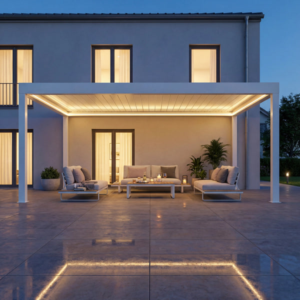 SkyPergola SkyInfinity Pro Aluminium-Pergola Weiß mit LED-Beleuchtung, Terrasse am Abend
