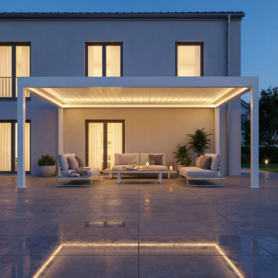 SkyPergola SkyInfinity Pro Aluminium-Pergola Weiß mit LED-Beleuchtung, Terrasse am Abend