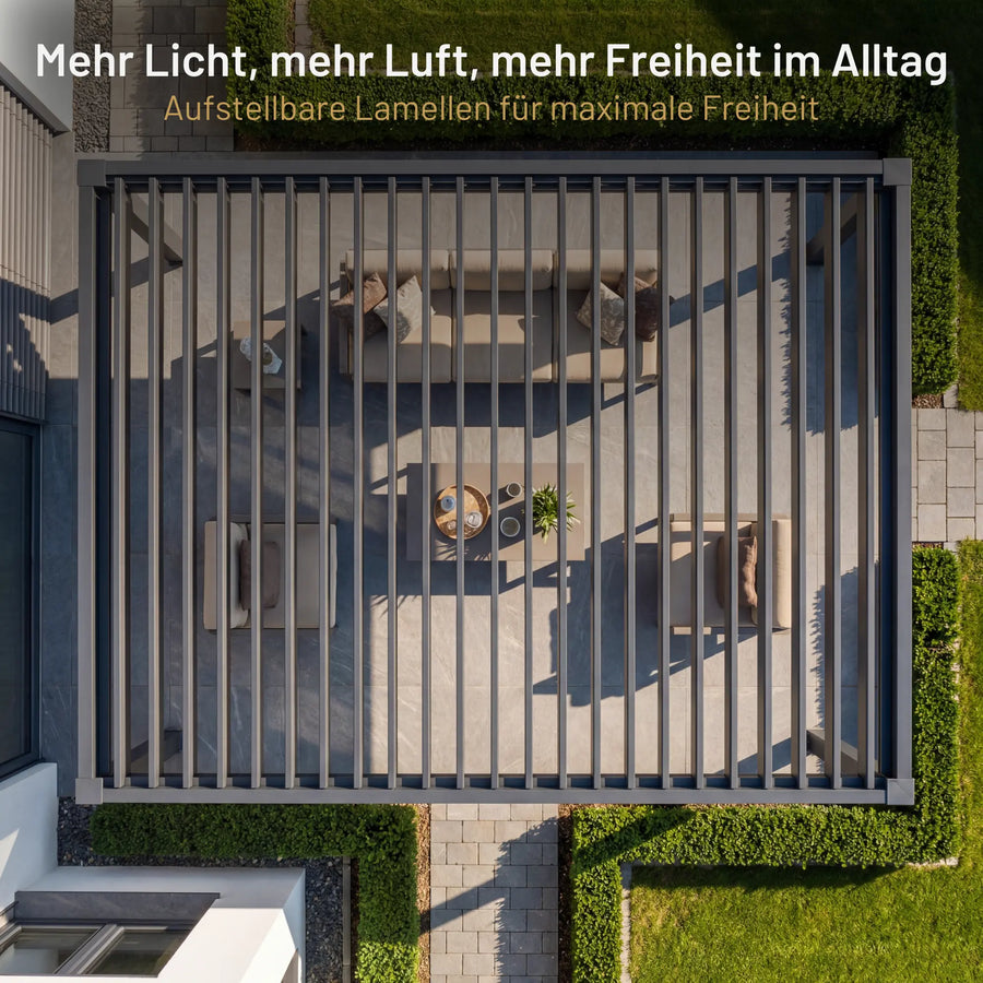 SkyPergola Aluminium-Pergola mit aufstellbaren Lamellen, Luftaufnahme Terrasse mit Loungemöbeln