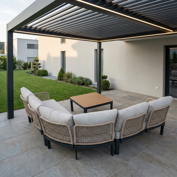Rundes Loungeset der Sky Pergola Aurora mit Geflechtsesseln und Beistelltisch unter Lamellendach, Blick in den Garten