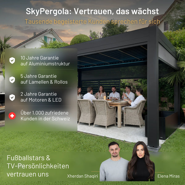 SkyPergola Aluminium-Pergola mit Garantie-Übersicht, Testimonials von Xherdan Shaqiri und Elena Miras