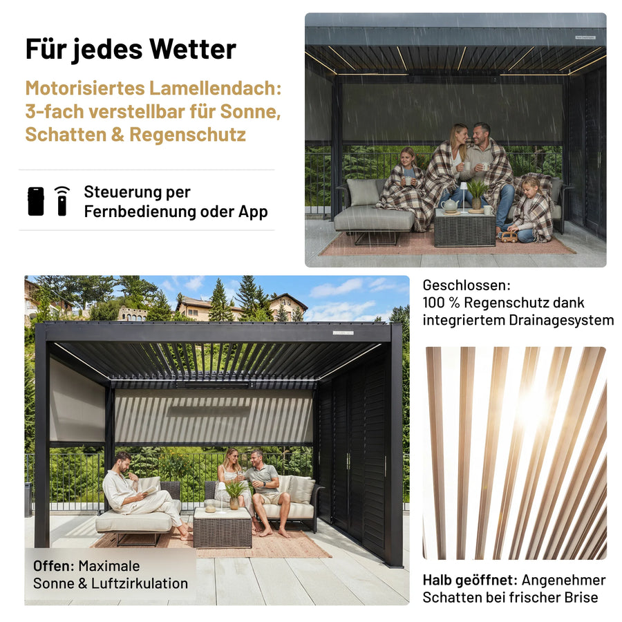 SkyPergola Aluminium-Pergola mit motorisiertem Lamellendach, 3-fach verstellbar für Sonne, Schatten und Regenschutz