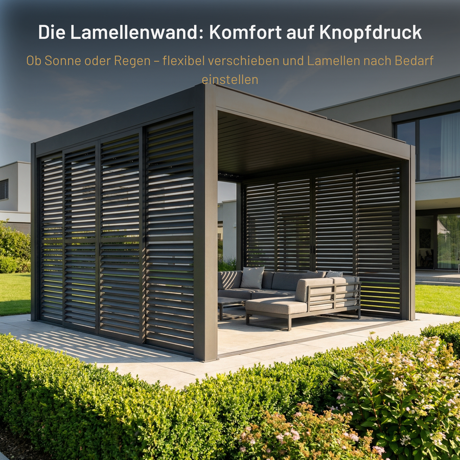 SkyPergola Schiebbare Lamellenwand flexibel verschiebbar für Sonnen- und Regenschutz, Terrassenlounge