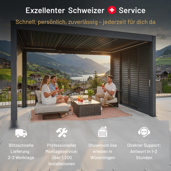 SkyPergola Aluminium-Pergola mit Bergpanorama, Schweizer Service mit Lieferung, Montage und Support