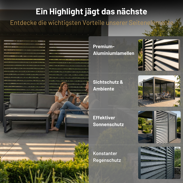 SkyPergola Seitenelement mit Premium-Aluminiumlamellen, Sichtschutz, Sonnenschutz und Regenschutz