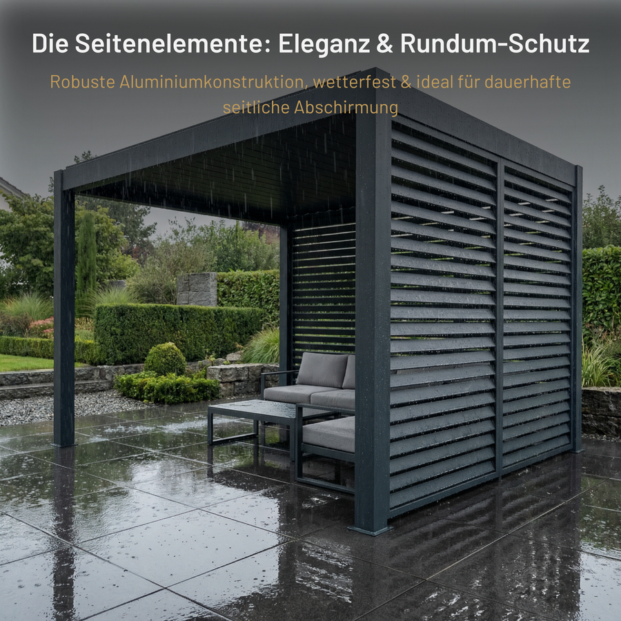 SkyPergola Seitenelement voll geschlossene Seitenwand, wetterfeste Aluminiumkonstruktion bei Regen