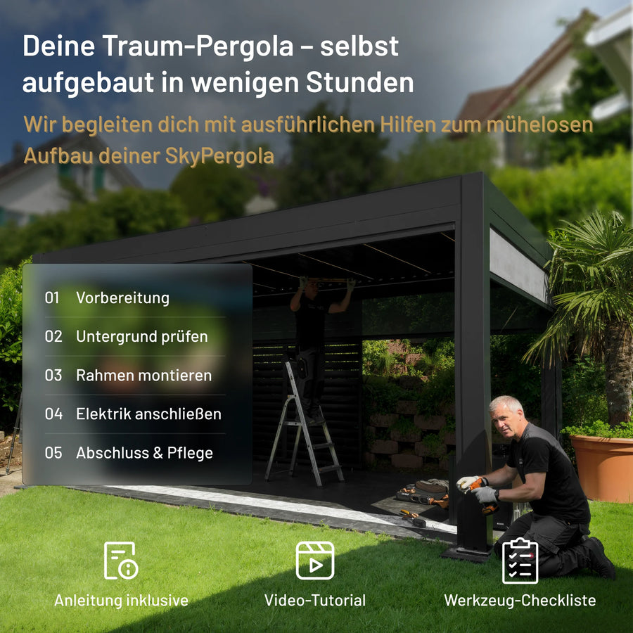 SkyPergola Aluminium-Pergola Selbstmontage mit Anleitung, Video-Tutorial und Werkzeug-Checkliste