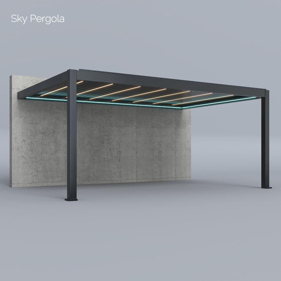 SkyPergola Aluminium-Pergola 4x6m Wandmontage, 3D-Rendering mit LED-Lamellen