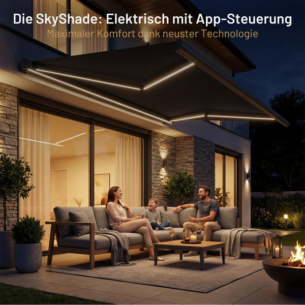 SkyPergola SkyShade LED Sonnenmarkise elektrisch mit App-Steuerung, Familie auf Terrasse am Abend