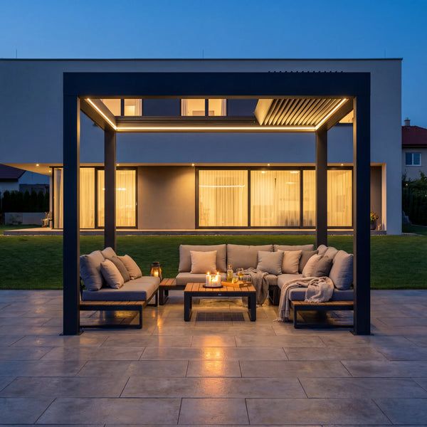 SkyPergola SkyInfinity Pro Aluminium-Pergola 3x3m Anthrazit mit LED-Beleuchtung, Terrasse am Abend