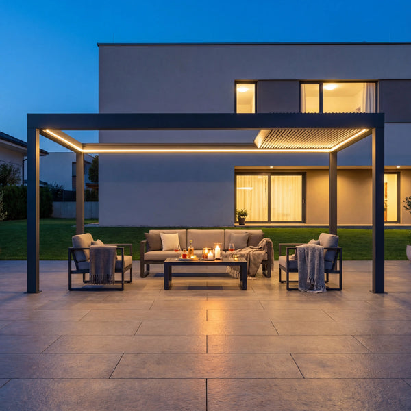 SkyPergola SkyInfinity Pro Aluminium-Pergola 3x6m Anthrazit mit LED-Beleuchtung, Terrasse am Abend