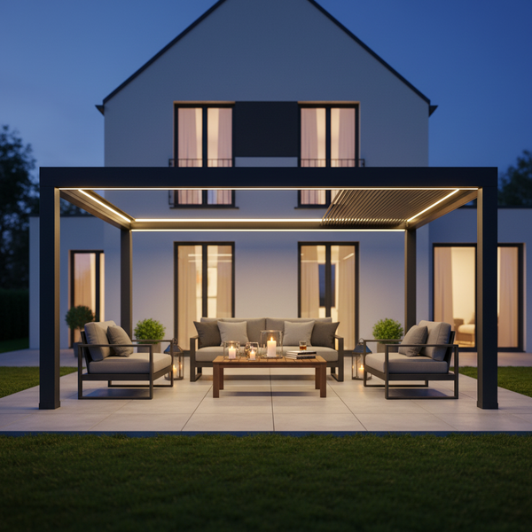 SkyPergola SkyInfinity Pro Aluminium-Pergola Anthrazit freistehend mit LED-Beleuchtung, Terrasse am Abend