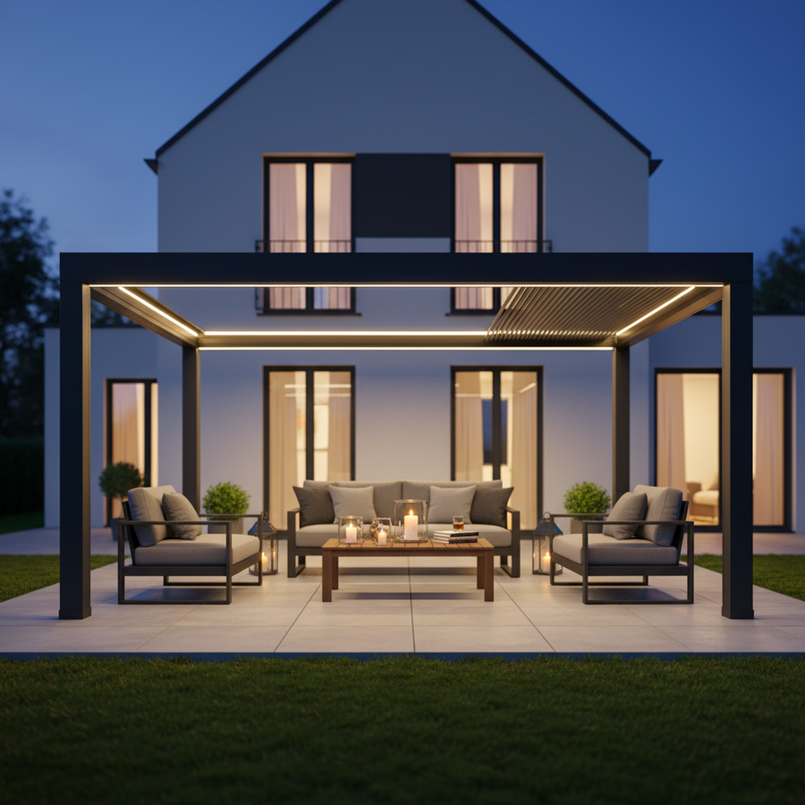 SkyPergola SkyInfinity Pro Aluminium-Pergola Anthrazit freistehend mit LED-Beleuchtung, Terrasse am Abend