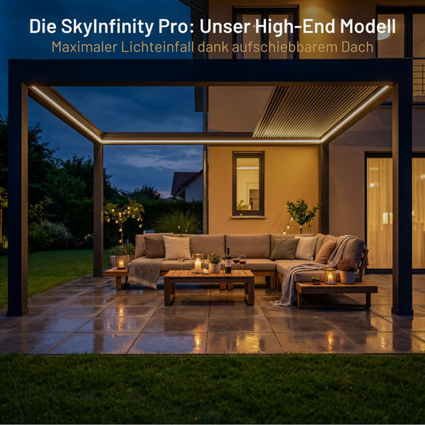 SkyPergola SkyInfinity Pro Aluminium-Pergola mit aufschiebbarem Dach für maximalen Lichteinfall, Terrasse am Abend