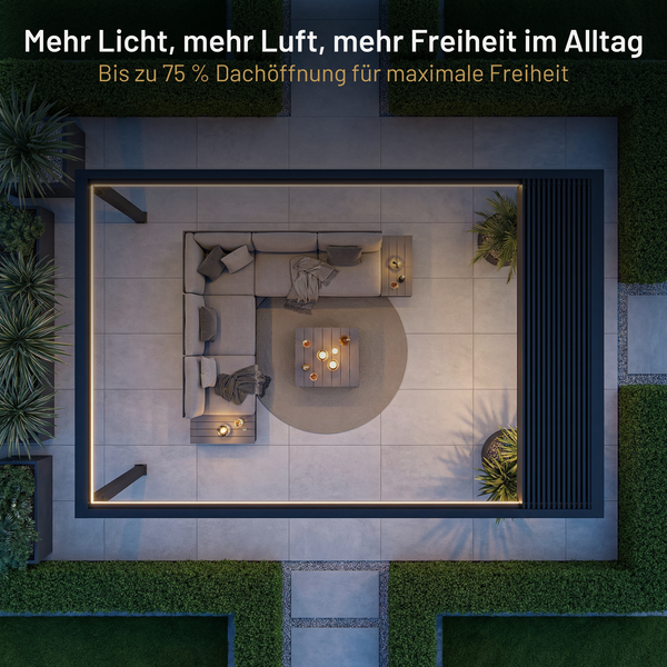 SkyPergola SkyInfinity Pro Aluminium-Pergola mit bis zu 75% Dachöffnung, Luftaufnahme Terrasse mit Loungemöbeln