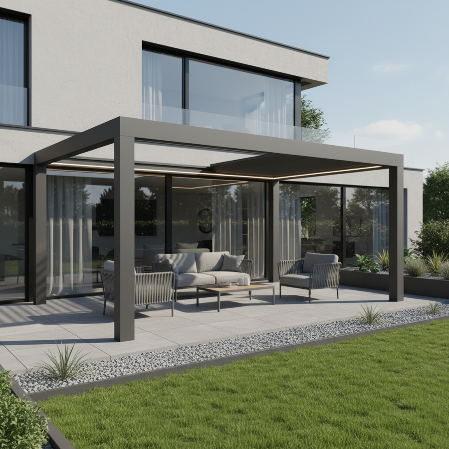 SkyPergola SkyInfinity Pro Aluminium-Pergola freistehend mit LED-Beleuchtung, Terrasse am Einfamilienhaus