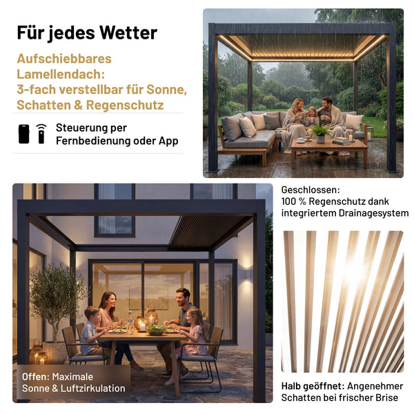 SkyPergola SkyInfinity Pro Aluminium-Pergola mit motorisiertem Lamellendach, 3-fach verstellbar für Sonne, Schatten und Regenschutz