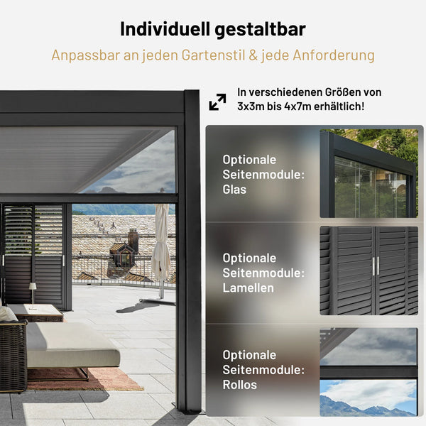 SkyPergola SkyInfinity Pro Aluminium-Pergola mit optionalen Seitenmodulen aus Glas, Lamellen und Rollo, erhältlich 3x3m bis 4x7m
