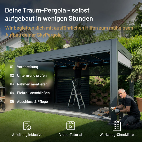 SkyPergola SkyInfinity Pro Aluminium-Pergola Selbstmontage mit Anleitung, Video-Tutorial und Werkzeug-Checkliste