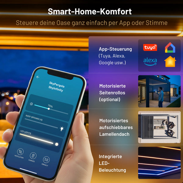 SkyPergola SkyInfinity Pro Smart-Home-Steuerung per App mit Tuya, Alexa und Google, motorisiertes Lamellendach und LED-Beleuchtung