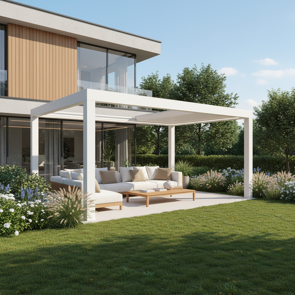 SkyPergola SkyInfinity Pro Aluminium-Pergola Weiß freistehend, Terrasse am modernen Einfamilienhaus