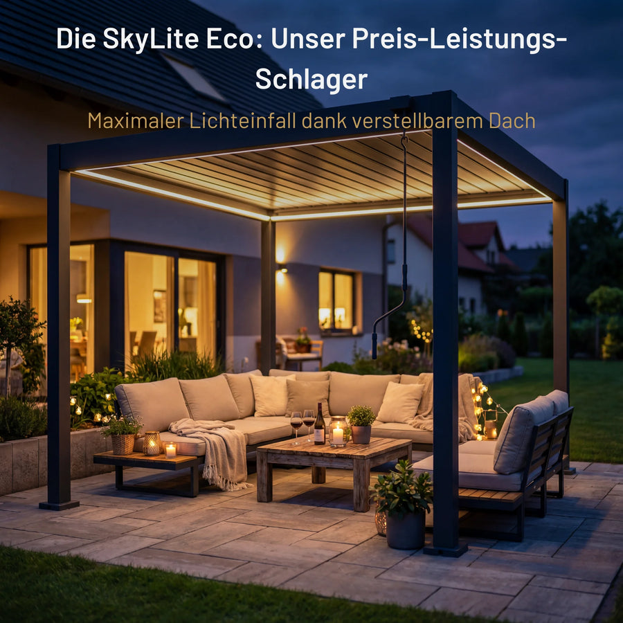 SkyPergola SkyLite ECO Aluminium-Pergola mit verstellbarem Dach für maximalen Lichteinfall, Terrasse am Abend