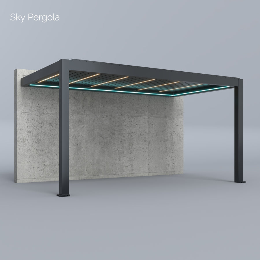 SkyPergola SkyMax Ultra Aluminium-Pergola 3x5m Wandmontage, 3D-Rendering mit LED-Lamellen