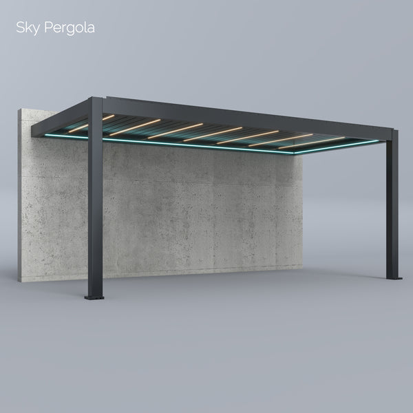 SkyPergola SkyMax Ultra Aluminium-Pergola 3x6m Wandmontage, 3D-Rendering mit LED-Lamellen