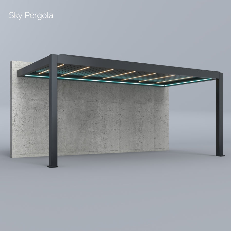 SkyPergola SkyMax Ultra Aluminium-Pergola 3x6m Wandmontage, 3D-Rendering mit LED-Lamellen