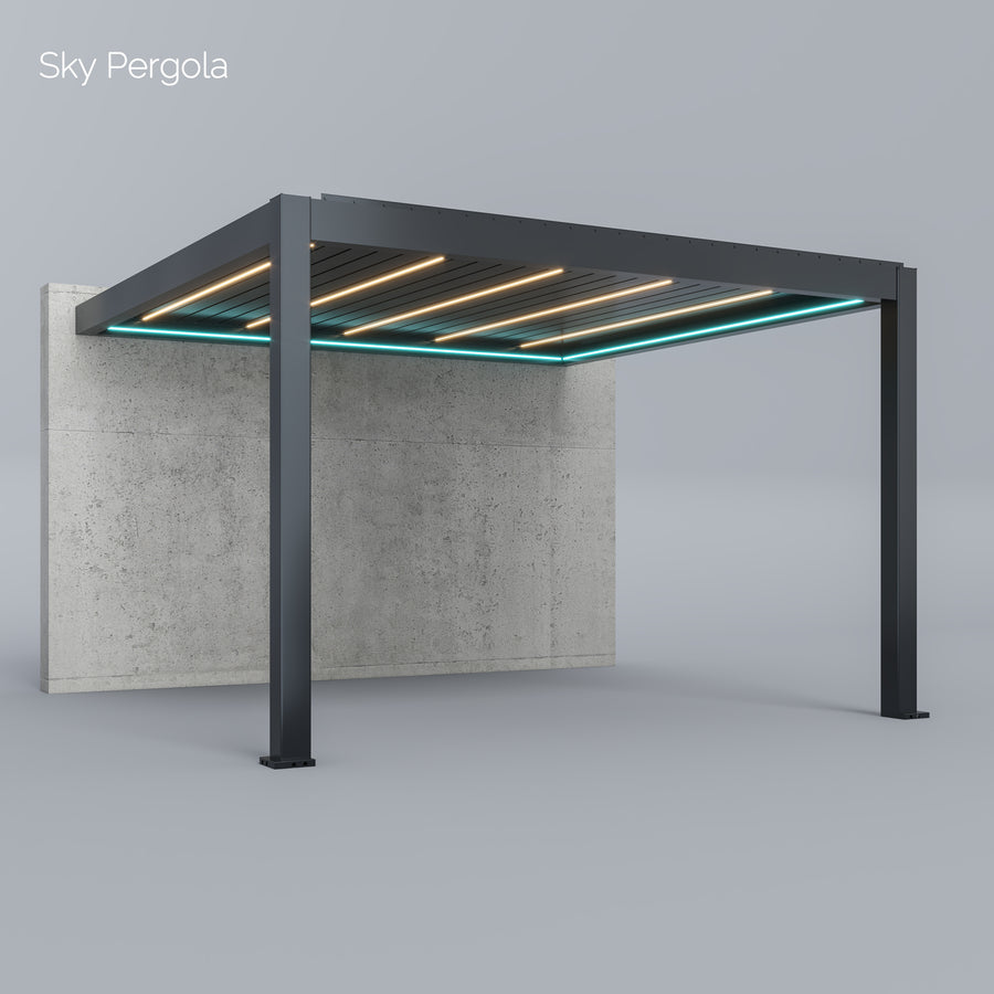SkyPergola SkyMax Ultra Aluminium-Pergola 4x4m Wandmontage, 3D-Rendering mit LED-Lamellen