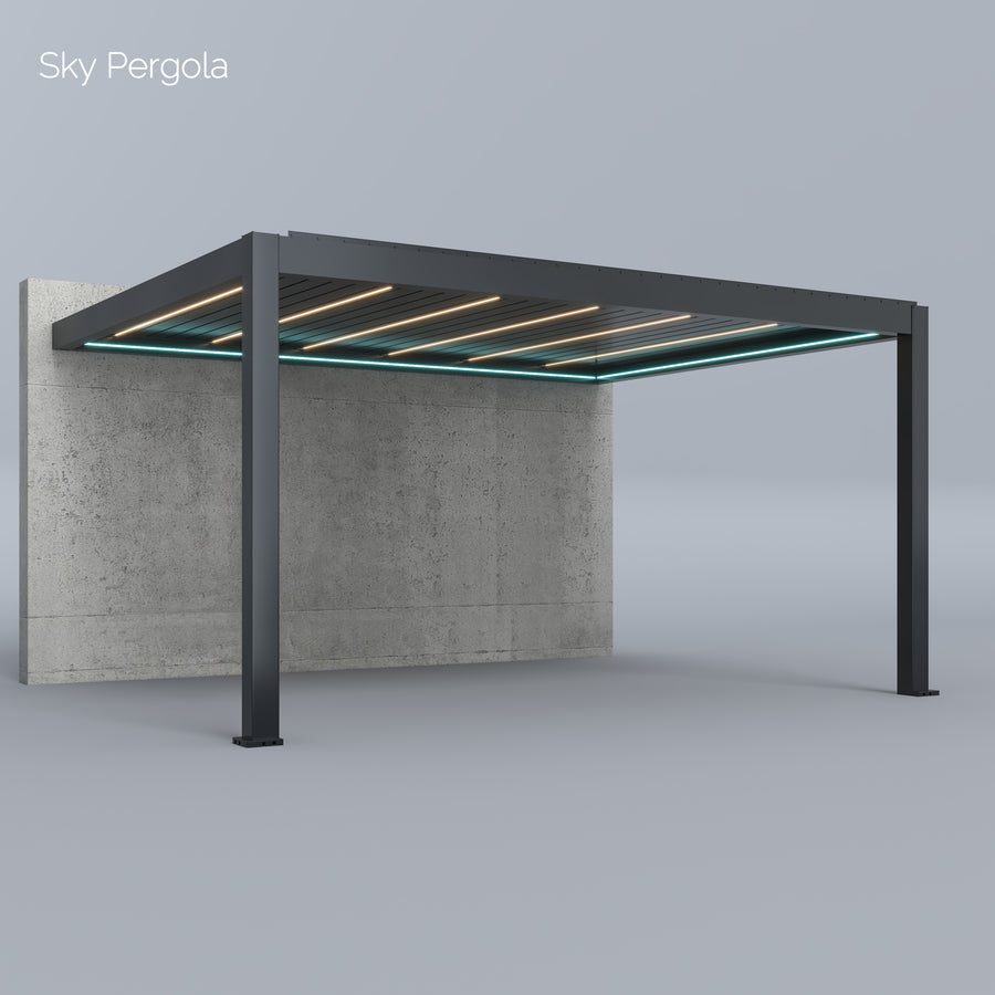 SkyPergola SkyMax Ultra Aluminium-Pergola 4x5m Wandmontage, 3D-Rendering mit LED-Lamellen