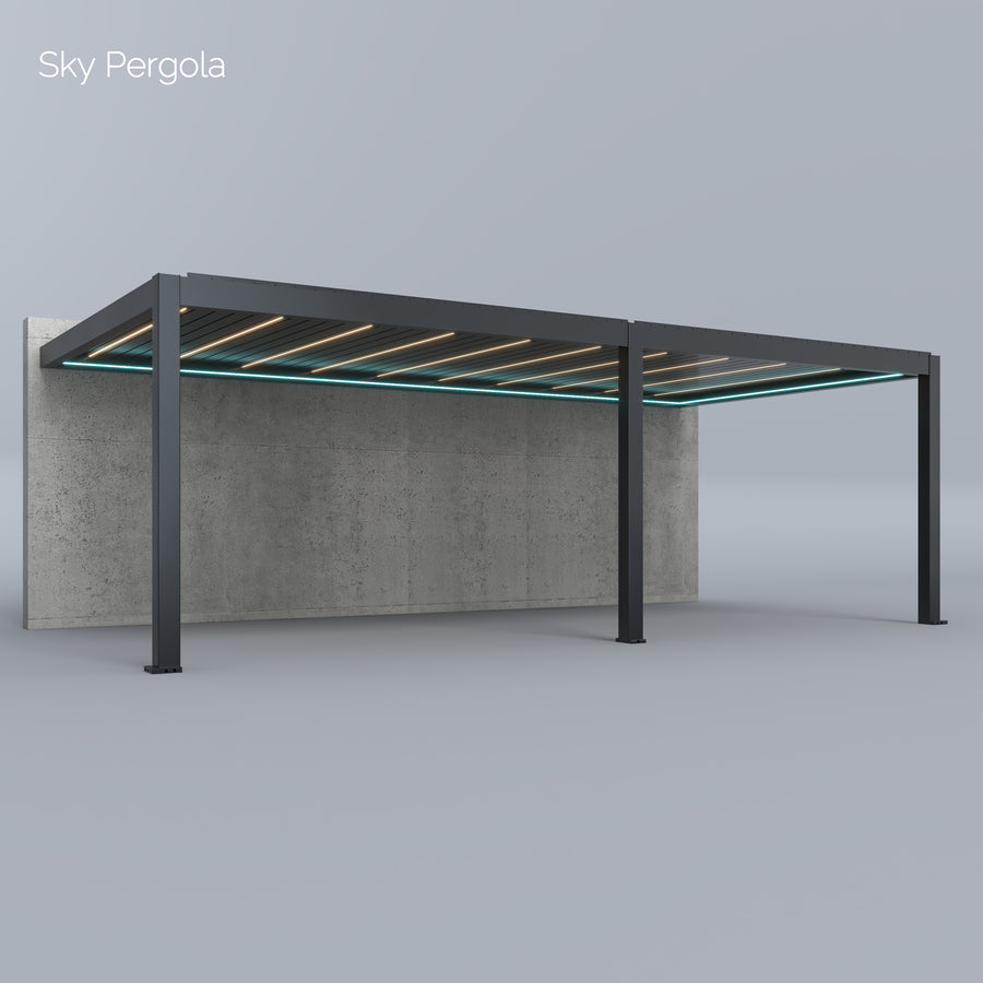 SkyPergola SkyMax Ultra Aluminium-Pergola 4x8m Wandmontage, 3D-Rendering mit LED-Lamellen