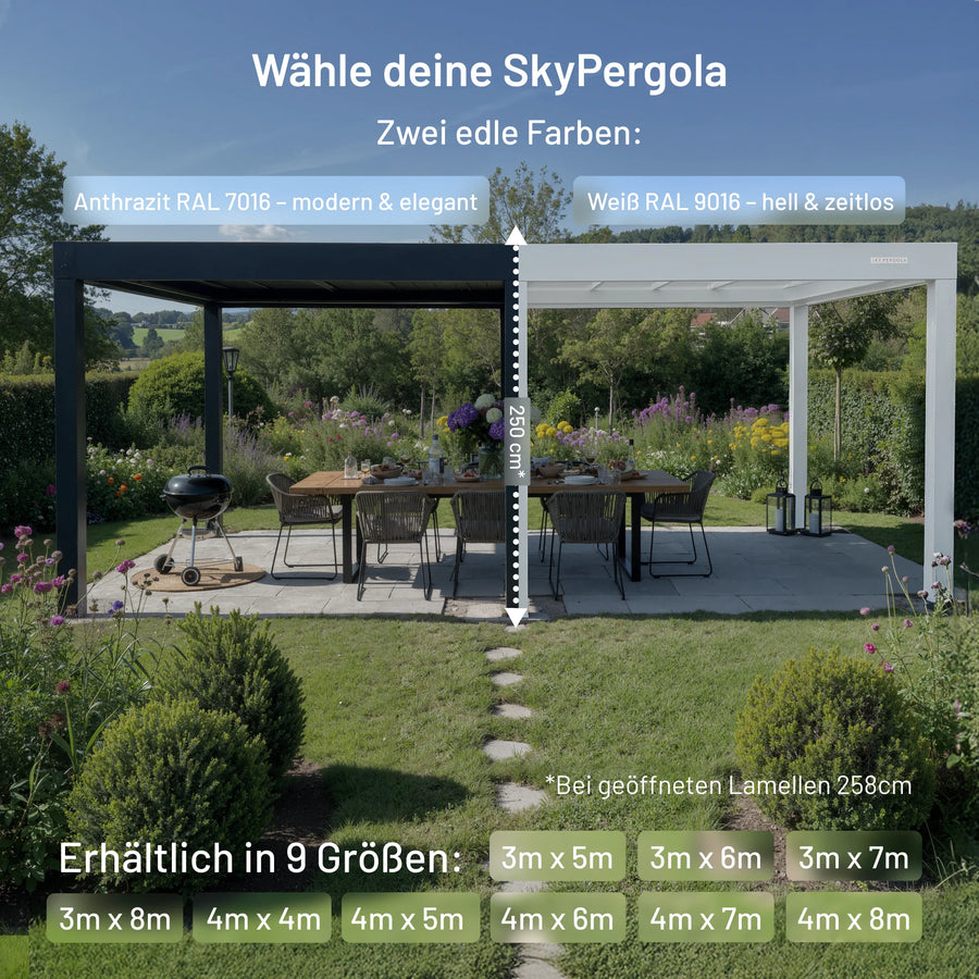SkyPergola SkyMax Ultra Aluminium-Pergola in Anthrazit und Weiß, erhältlich in 9 Größen von 3x5m bis 4x8m