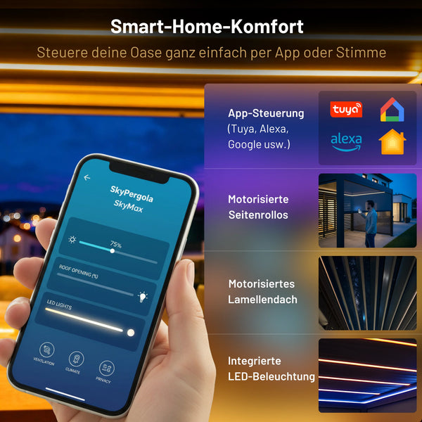 SkyPergola SkyMax Smart-Home-Steuerung per App mit Tuya, Alexa und Google, motorisierte Rollos und LED-Beleuchtung