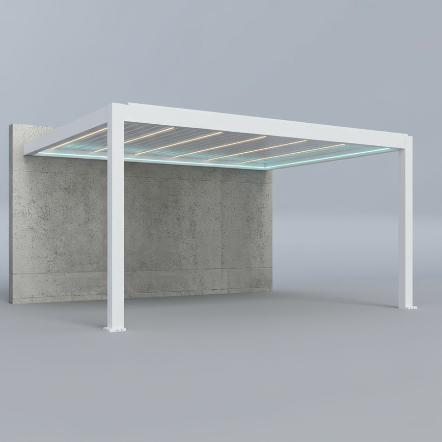 SkyPergola SkyMax Ultra Aluminium-Pergola Weiß Wandmontage, 3D-Rendering mit LED-Lamellen