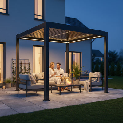 SkyPergola SkyMotion LED Aluminium-Pergola 3x3m Anthrazit mit LED-Beleuchtung, Terrasse am Abend