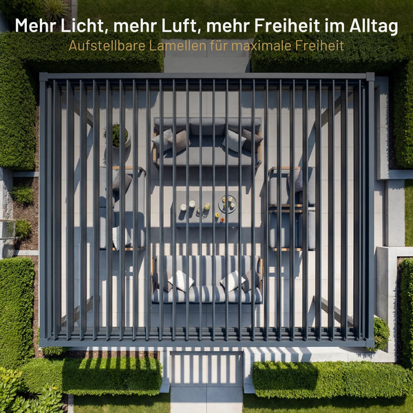 SkyPergola SkyMotion LED mit aufstellbaren Lamellen, Luftaufnahme Terrasse mit Loungemöbeln