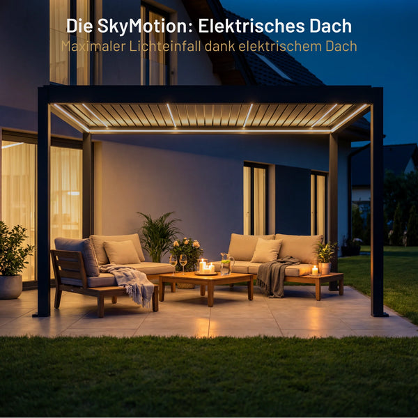 SkyPergola SkyMotion LED Aluminium-Pergola mit elektrischem Dach für maximalen Lichteinfall, Terrasse am Abend