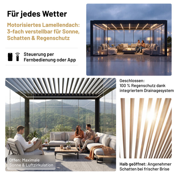 SkyPergola Wintergarten mit motorisiertem Lamellendach, 3-fach verstellbar für Sonne, Schatten und Regenschutz
